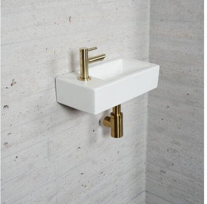 Matwitte Fonteinset Wiesbaden in Messing Goud (Kraangat Links) Wastafels Sanitairluxe