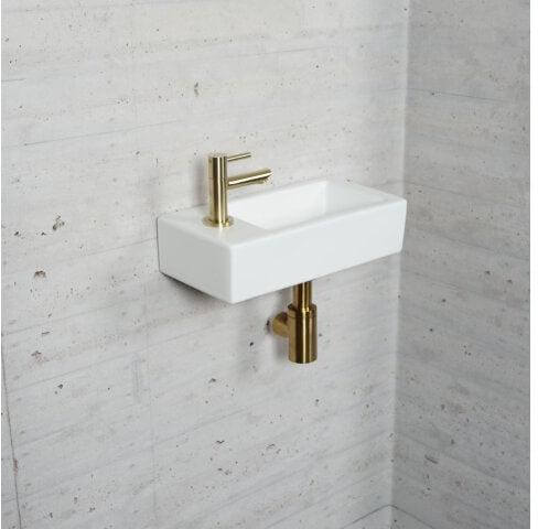 Matwitte Fonteinset Wiesbaden in Messing Goud (Kraangat Links) Wastafels Sanitairluxe