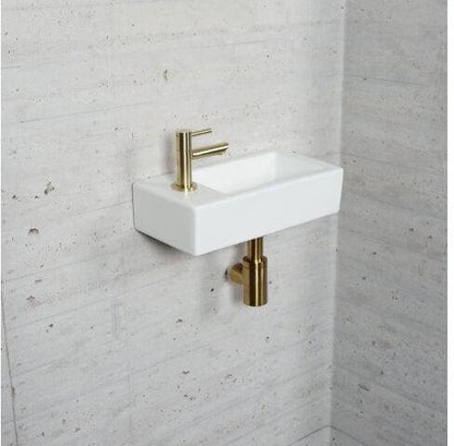 Matwitte Fonteinset Wiesbaden in Messing Goud (Kraangat Links) Wastafels Sanitairluxe