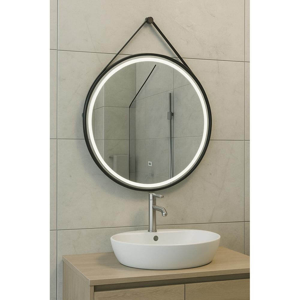 Cinto Ronde Spiegel met Band Wiesbaden LED Verlichting en Spiegelverwarming 60 cm Mat Zwart Badkamerspiegel Sanitairluxe